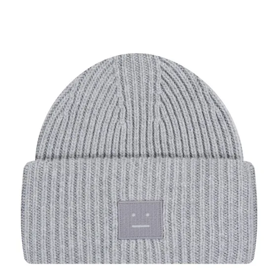 Acne Studios Ribbed Face Logo Beanie Grey Melange