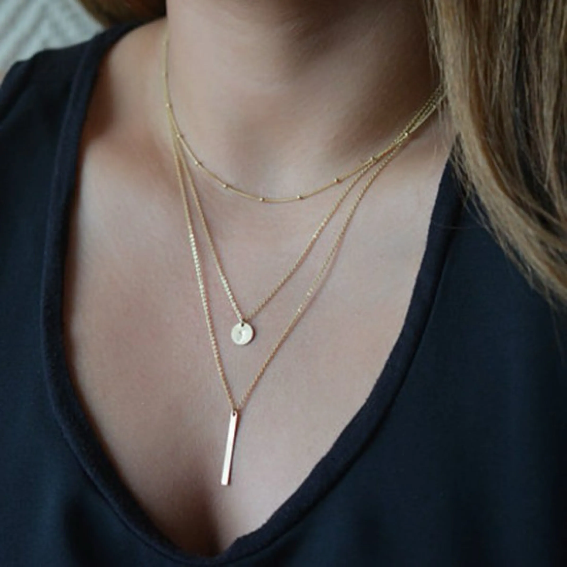 Bar Pendant Triple Layered Necklace