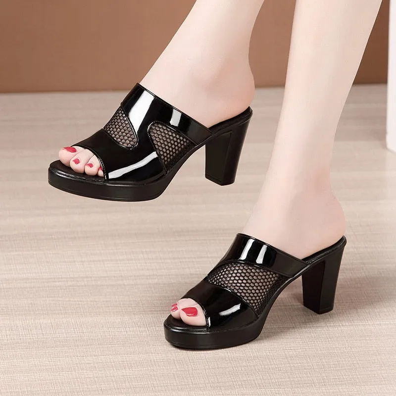 Block Heel Platform Slippers New High Heels Ladies OfficeSandals