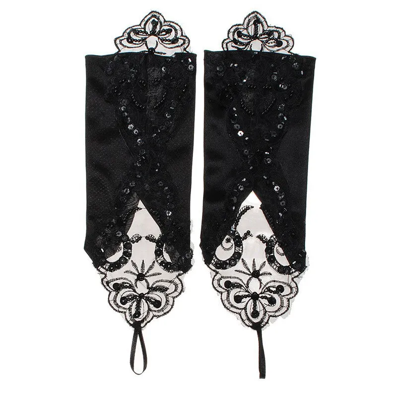 bride gloves beaded lace gloves hook finger gloves short gloves Black SM6