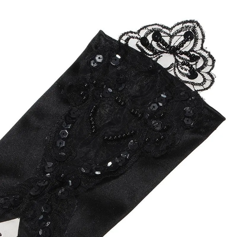 bride gloves beaded lace gloves hook finger gloves short gloves Black SM6