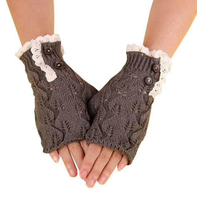 Knitted Women Gloves Hollow Out Leaf Button Warm Gloves Vintage Harajuku Japanese Style Gloves Luvas Feminina#A11 SM6