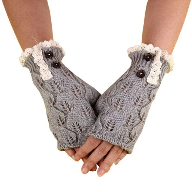 Knitted Women Gloves Hollow Out Leaf Button Warm Gloves Vintage Harajuku Japanese Style Gloves Luvas Feminina#A11 SM6