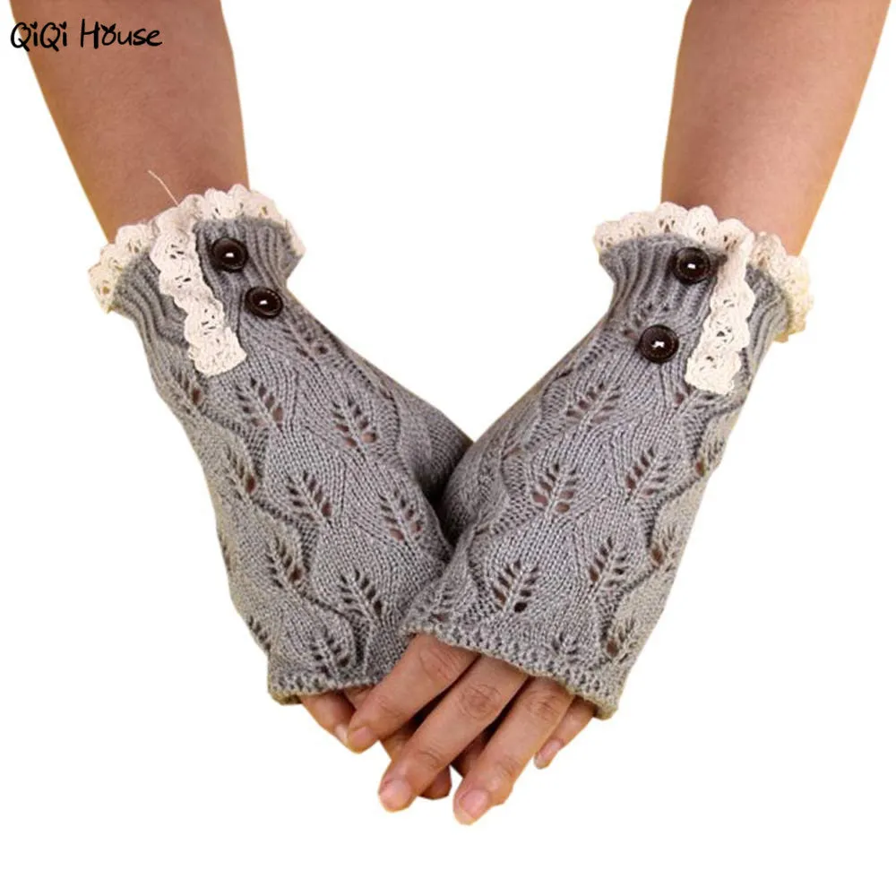 Knitted Women Gloves Hollow Out Leaf Button Warm Gloves Vintage Harajuku Japanese Style Gloves Luvas Feminina#A11 SM6