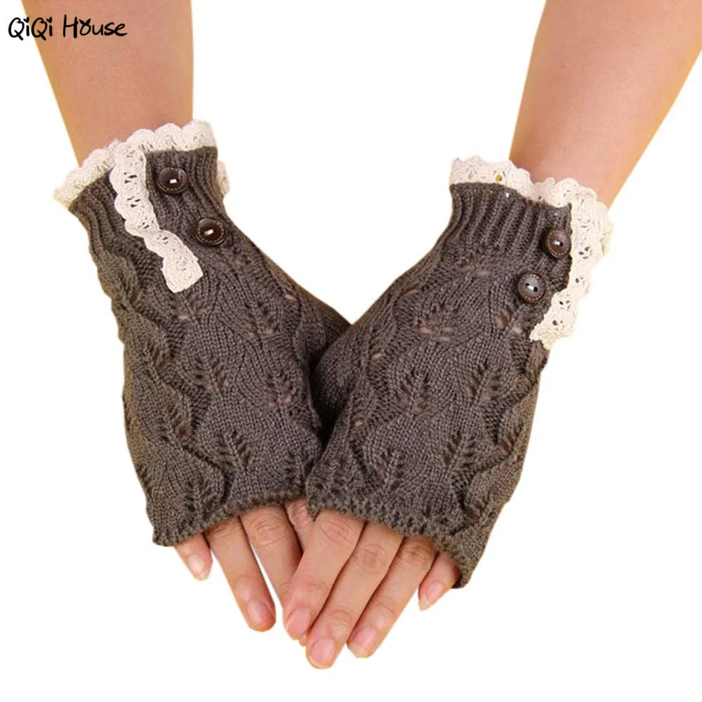 Knitted Women Gloves Hollow Out Leaf Button Warm Gloves Vintage Harajuku Japanese Style Gloves Luvas Feminina#A11 SM6