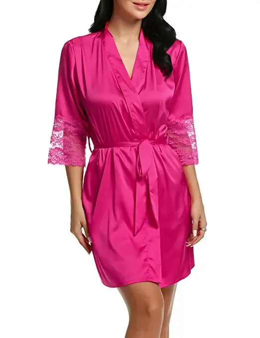 Ladies' Lace Satin Robe Gown Solid Soft Nightgown Nightwear Kimono