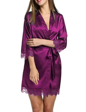 Ladies' Lace Satin Robe Gown Solid Soft Nightgown Nightwear Kimono