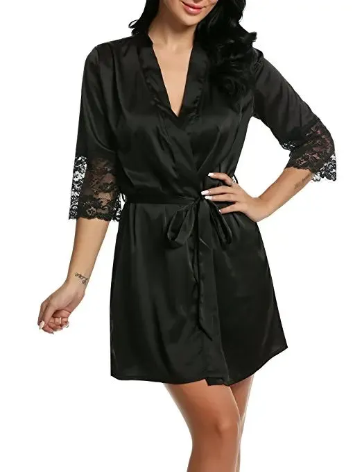 Ladies' Lace Satin Robe Gown Solid Soft Nightgown Nightwear Kimono