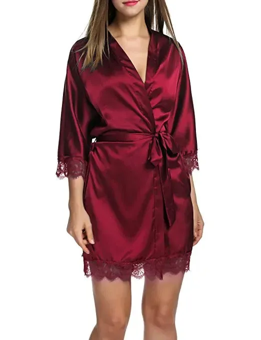 Ladies' Lace Satin Robe Gown Solid Soft Nightgown Nightwear Kimono