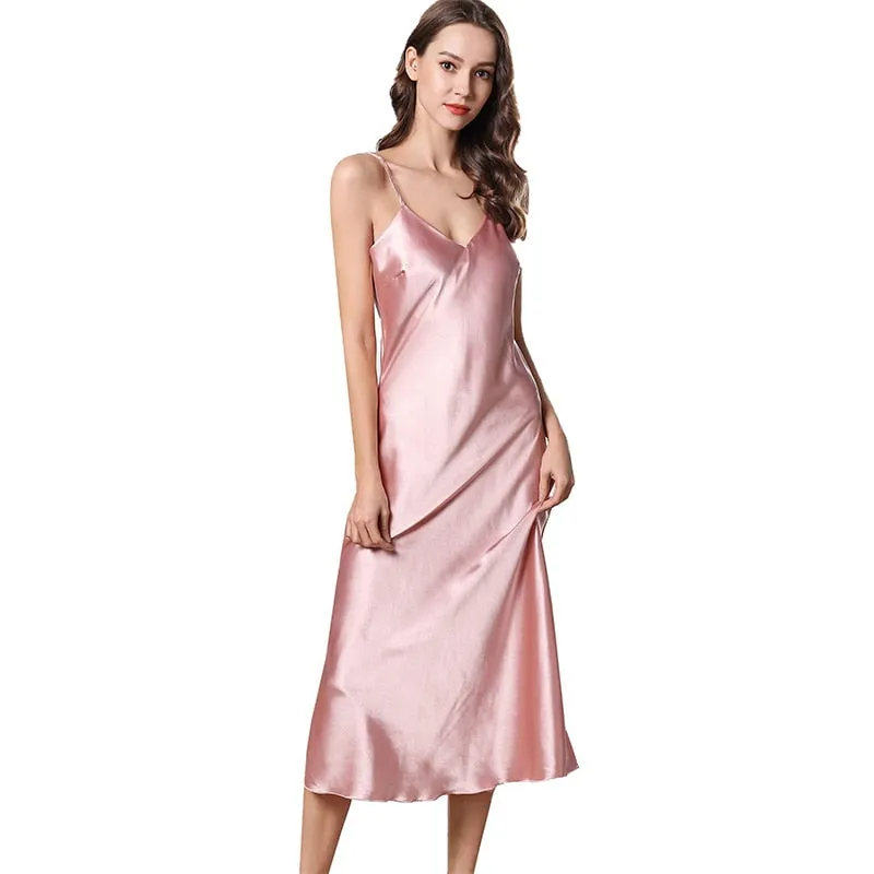 Long Slip Sleep Dress Silk V Neck Sleepwear Solid Color Nightwear