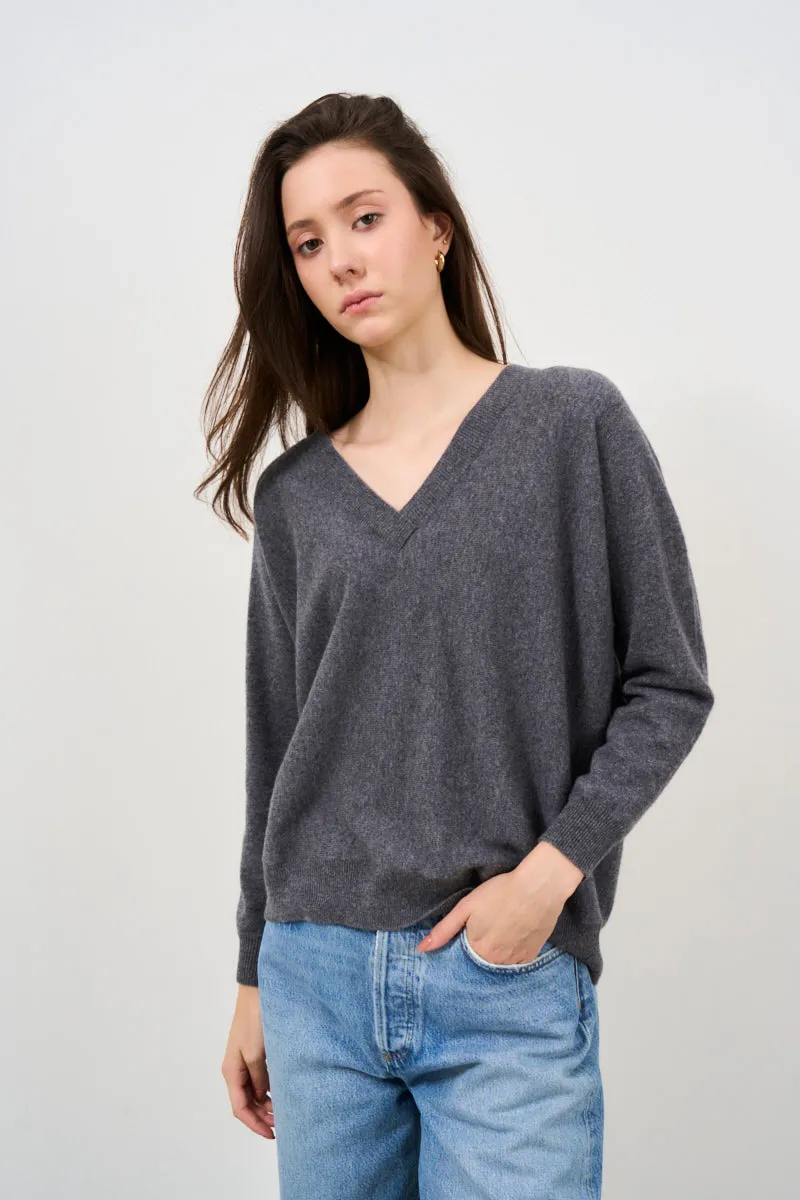 Maglione donna grigio con scollo a V