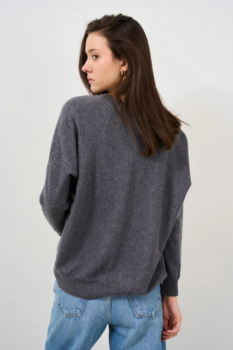 Maglione donna grigio con scollo a V