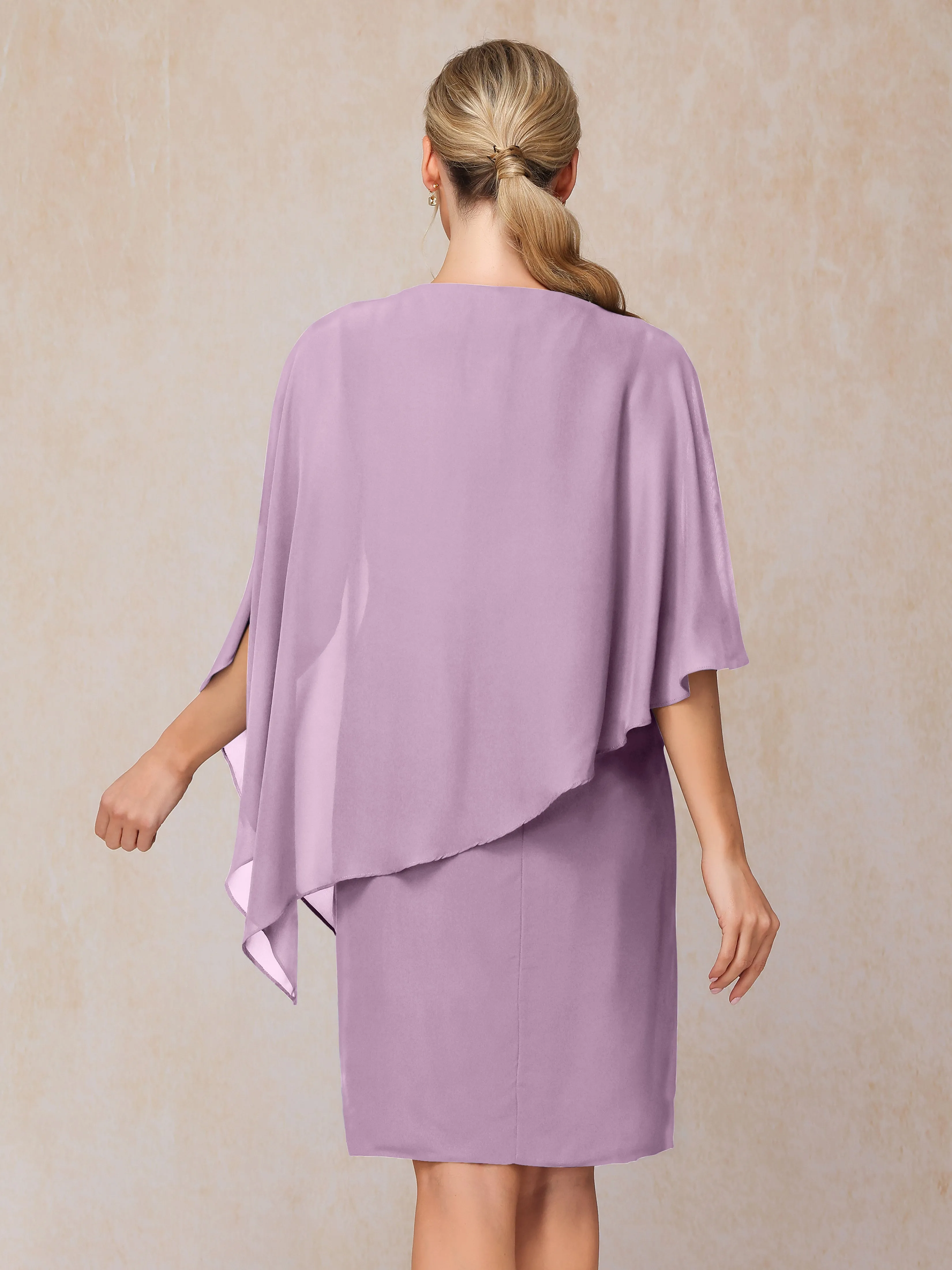 Manches asymétriques Col bateau Mousseline Robe Mère de la Mariée avec cape