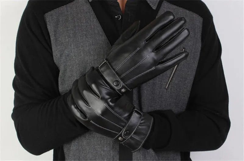 Mens Luxurious PU Leather Super Driving Warm Gloves Cashmere Feida