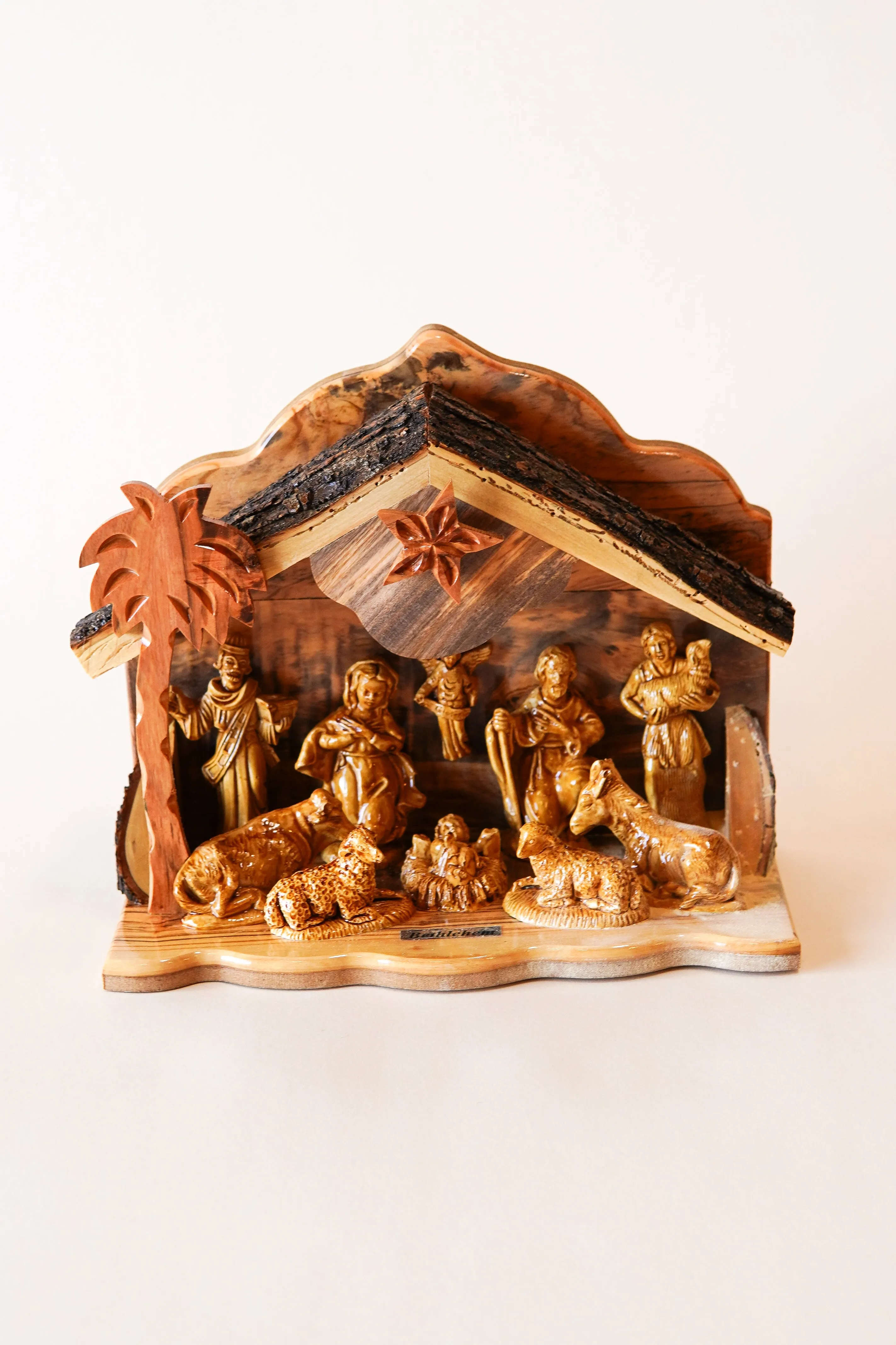 Nativity with Music Box - Detailed Figurines, Gypsum and Olive Wood from the Holy Land