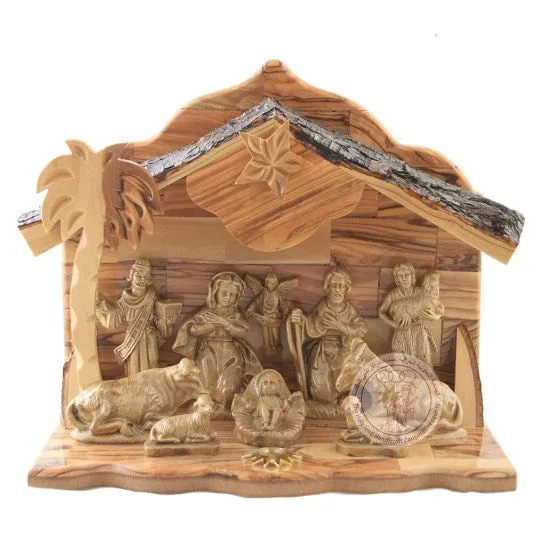 Nativity with Music Box - Detailed Figurines, Gypsum and Olive Wood from the Holy Land