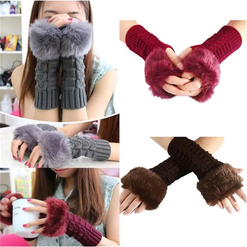 New Women Warm Soft Fur Fingerless Gloves Wrist Hand Knitted Mitten Wool Glove PY6 SM6