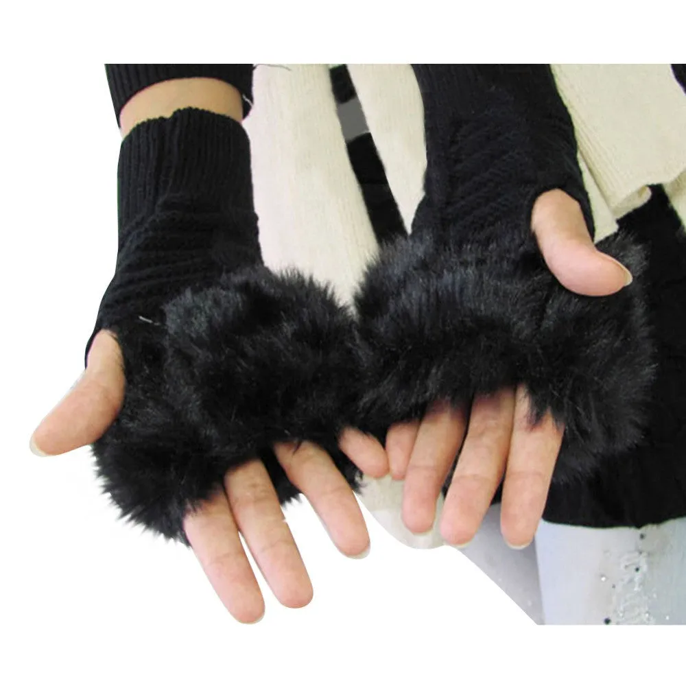 New Women Warm Soft Fur Fingerless Gloves Wrist Hand Knitted Mitten Wool Glove PY6 SM6