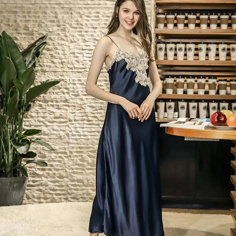 Sexy Ladies Silk Satin Lace Summer V-neck Long Nightgown Nightdress