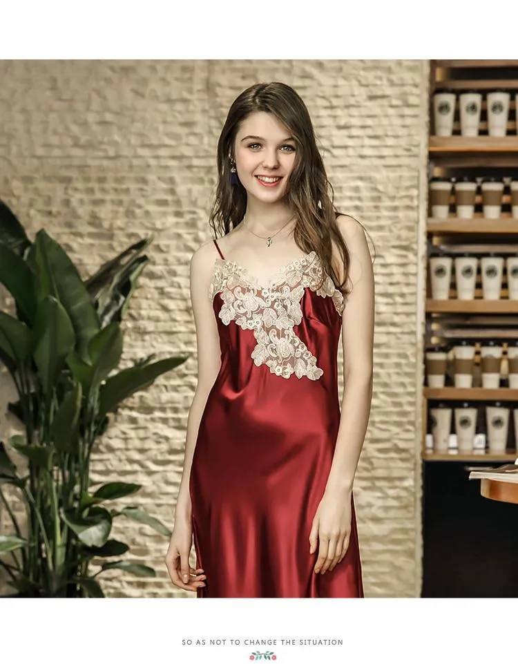 Sexy Ladies Silk Satin Lace Summer V-neck Long Nightgown Nightdress