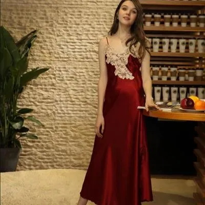 Sexy Ladies Silk Satin Lace Summer V-neck Long Nightgown Nightdress