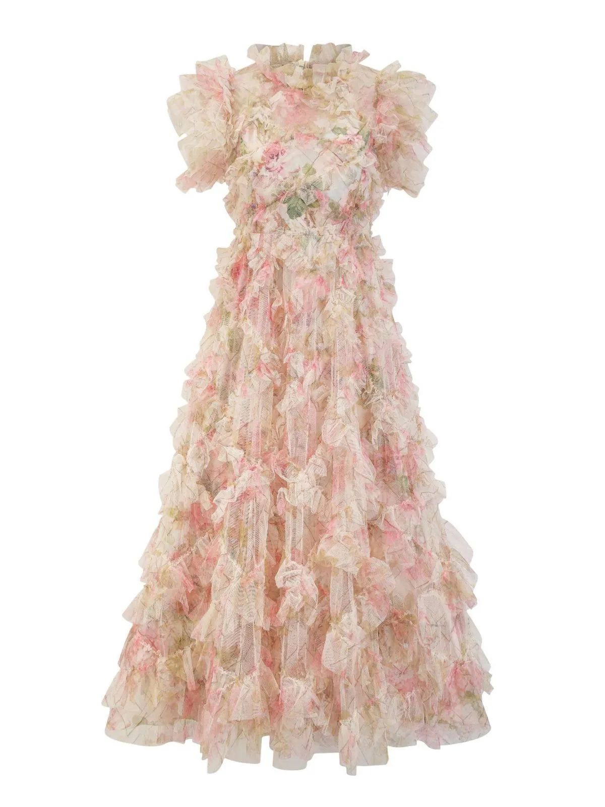 Trapèzes Longueur Ras de la Cheville Manche Bouffante Col Rond Florale Tulle Robes Invitée de Mariage en ROSE