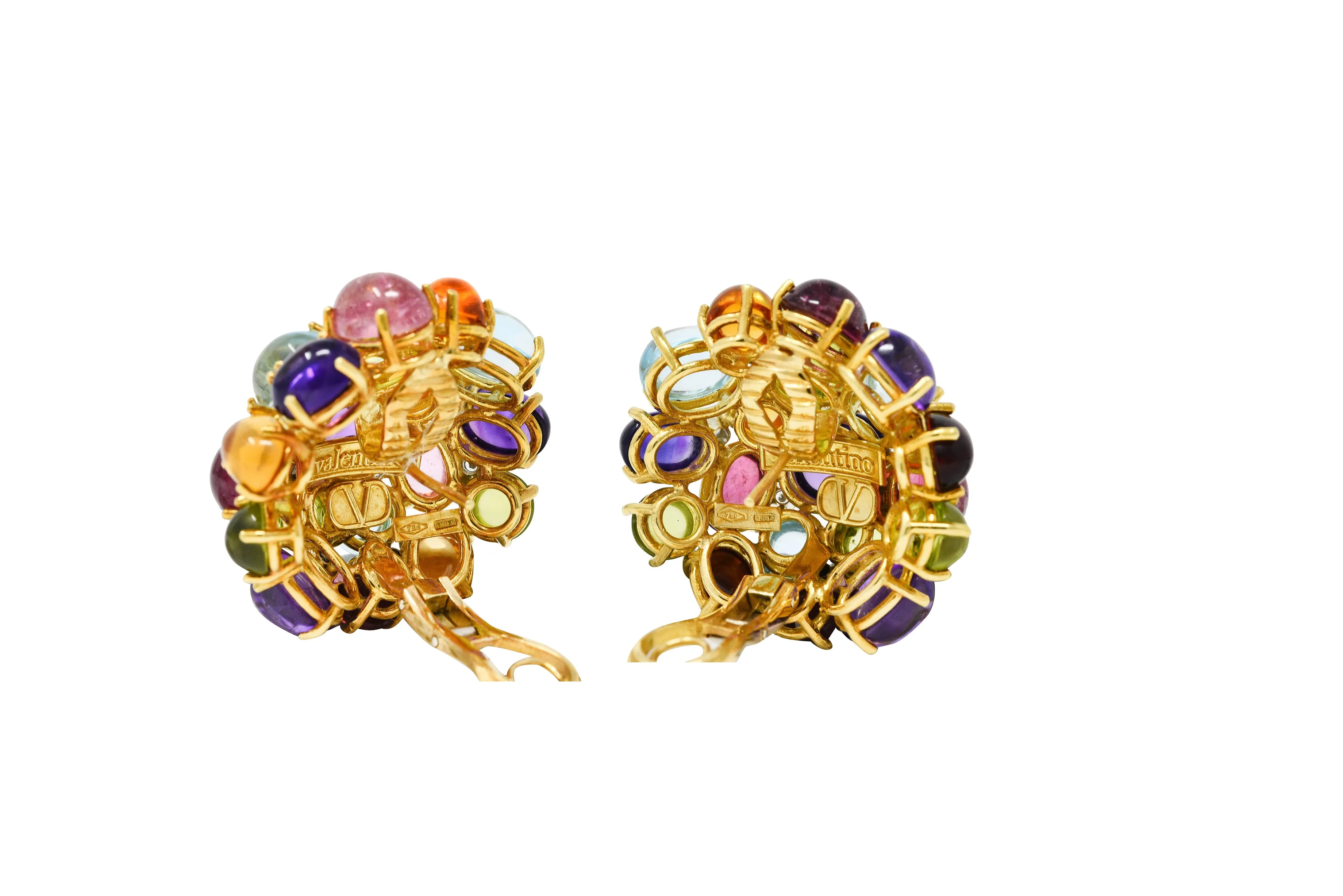 Valentino Amethyst Citrine Peridot Tourmaline 18 Karat Two-Tone Gold Vintage Cabochon Cluster Earrings