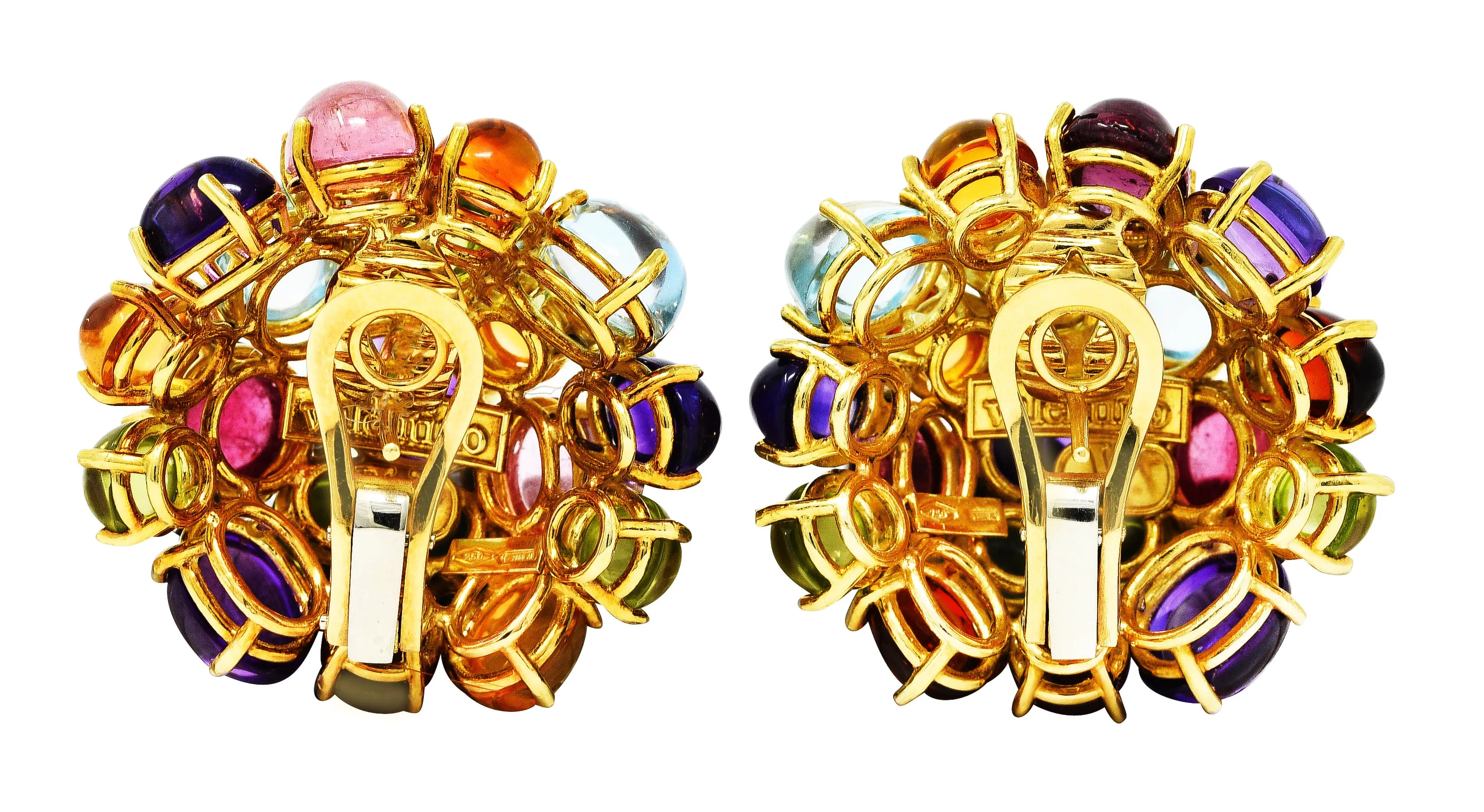 Valentino Amethyst Citrine Peridot Tourmaline 18 Karat Two-Tone Gold Vintage Cabochon Cluster Earrings