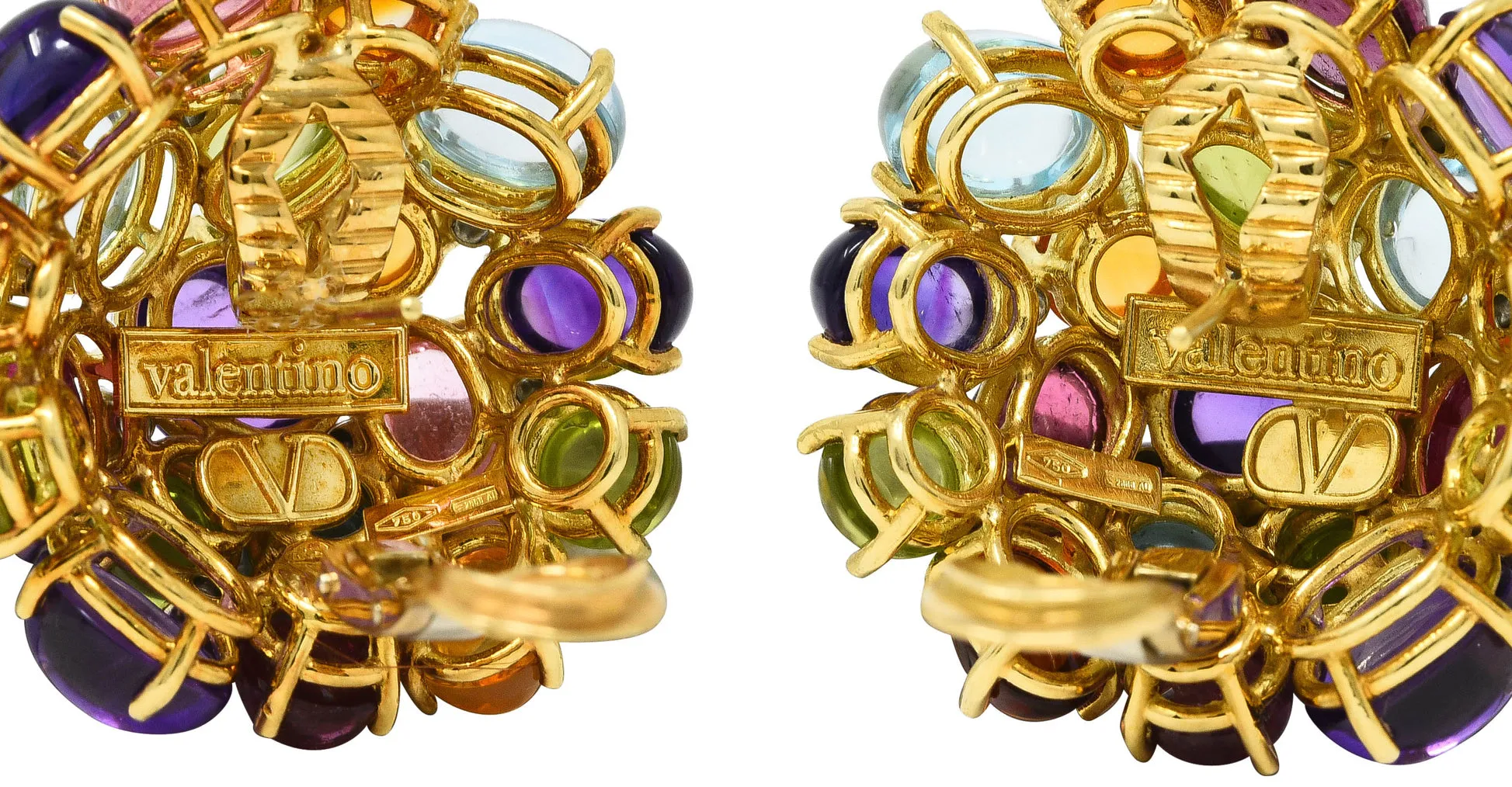 Valentino Amethyst Citrine Peridot Tourmaline 18 Karat Two-Tone Gold Vintage Cabochon Cluster Earrings