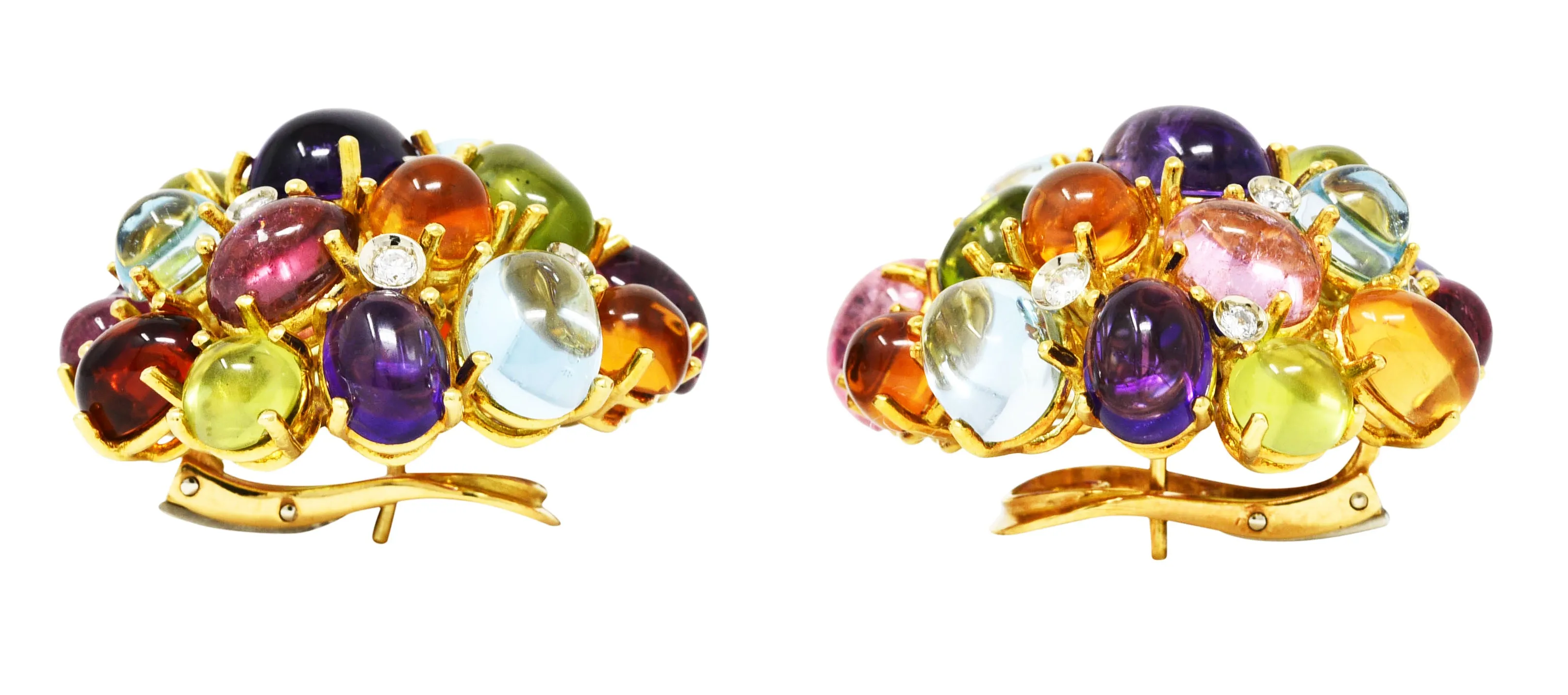 Valentino Amethyst Citrine Peridot Tourmaline 18 Karat Two-Tone Gold Vintage Cabochon Cluster Earrings