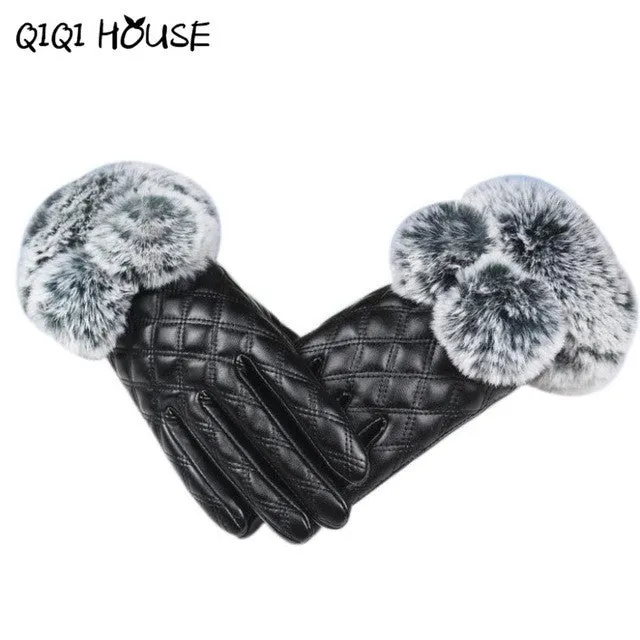 Winter Gloves Women Fur Cute Hairball Winter Warm Leather Gloves Elegant Luvas De Couro Winter Gloves #B817 SM6