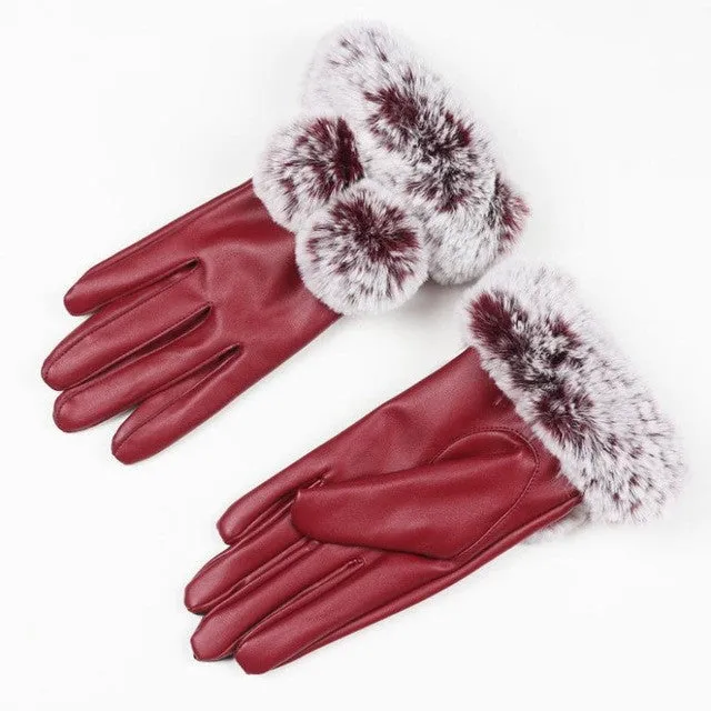 Winter Gloves Women Fur Cute Hairball Winter Warm Leather Gloves Elegant Luvas De Couro Winter Gloves #B817 SM6