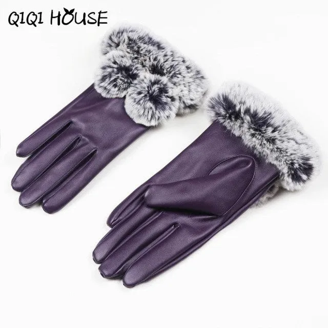 Winter Gloves Women Fur Cute Hairball Winter Warm Leather Gloves Elegant Luvas De Couro Winter Gloves #B817 SM6