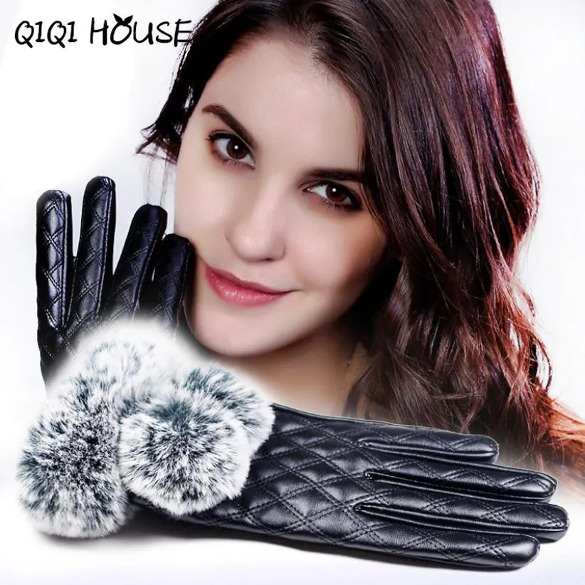 Winter Gloves Women Fur Cute Hairball Winter Warm Leather Gloves Elegant Luvas De Couro Winter Gloves #B817 SM6