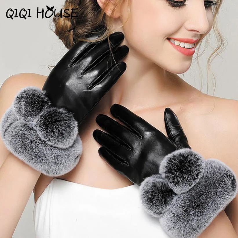 Winter Gloves Women Fur Cute Hairball Winter Warm Leather Gloves Elegant Luvas De Couro Winter Gloves #B817 SM6