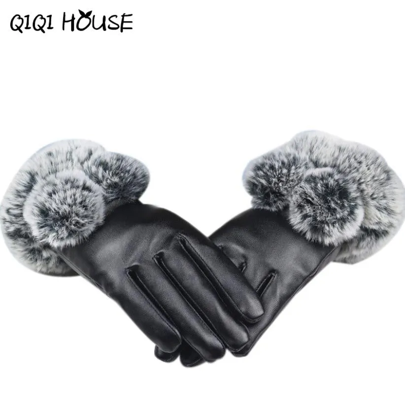 Winter Gloves Women Fur Cute Hairball Winter Warm Leather Gloves Elegant Luvas De Couro Winter Gloves #B817 SM6