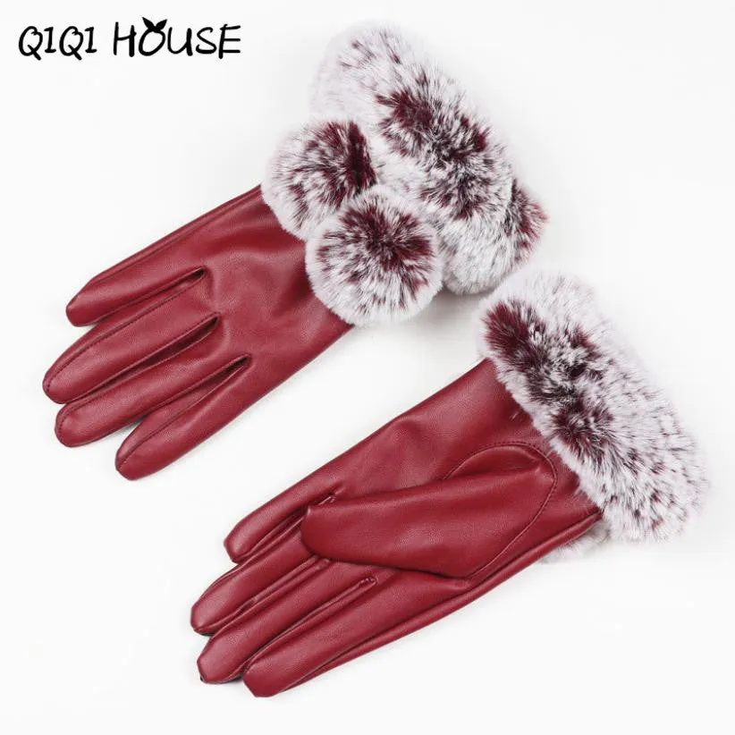 Winter Gloves Women Fur Cute Hairball Winter Warm Leather Gloves Elegant Luvas De Couro Winter Gloves #B817 SM6