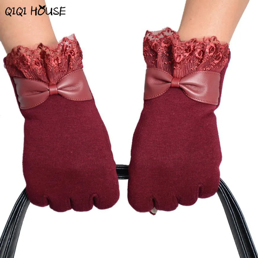 Women Gloves Winter Hand Warmer Lace Bow Driving Gloves Elegant Warm Outwear Gloves Kadin Eldiven#B920 SM6