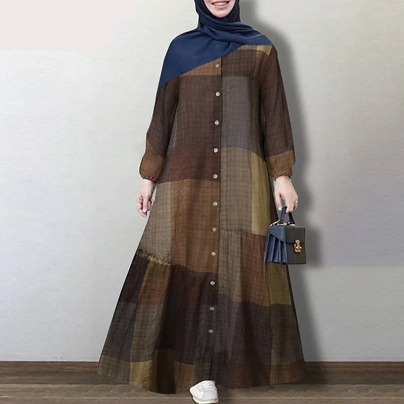 Women Spring Muslim Abaya Plaid Check Long Dress