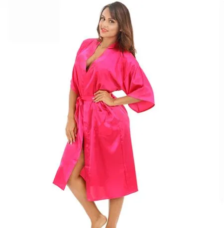 Women's Polyester Satin Solid Color Knee-Length Kimono Bath Robe with Belt