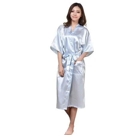 Women's Polyester Satin Solid Color Knee-Length Kimono Bath Robe with Belt