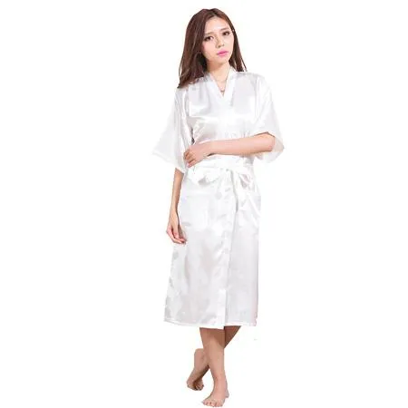 Women's Polyester Satin Solid Color Knee-Length Kimono Bath Robe with Belt