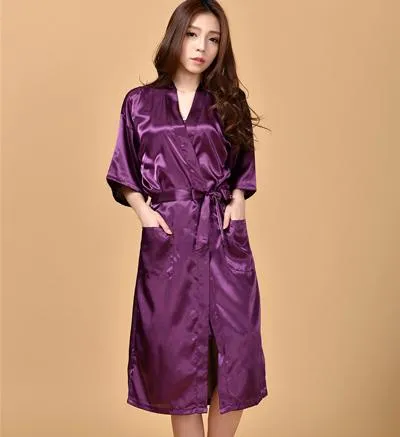 Women's Polyester Satin Solid Color Knee-Length Kimono Bath Robe with Belt