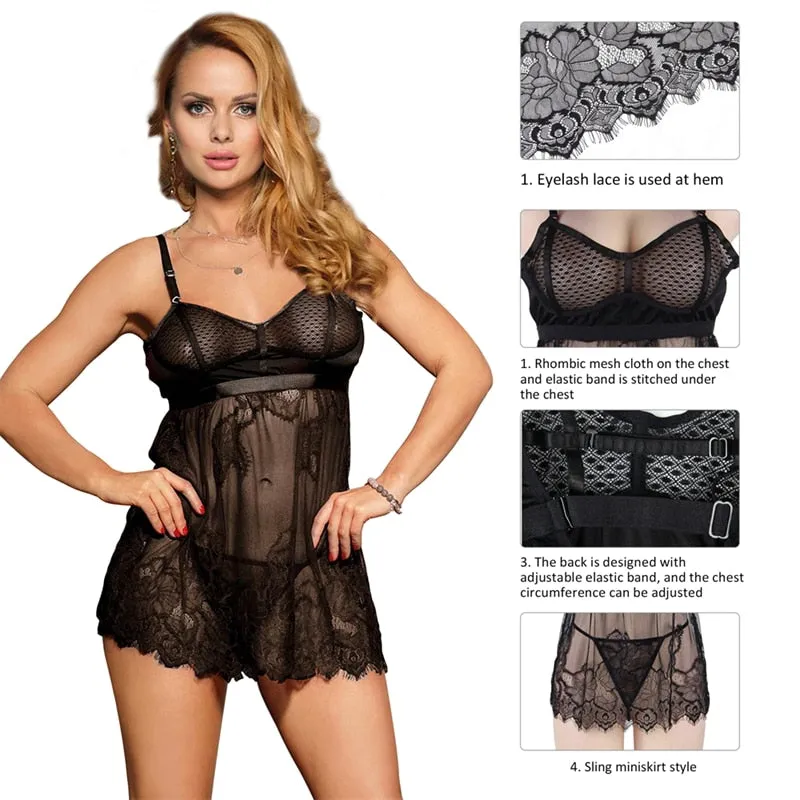 Women's Spring Sexy Lace See-Through Sleeveless Babydoll Lingerie